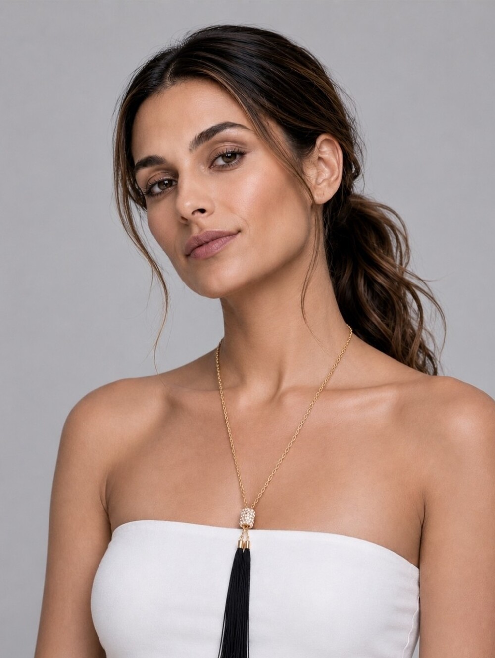 Gold-Tone Chain Necklace with Black Tassel and Crystal Bead 19"